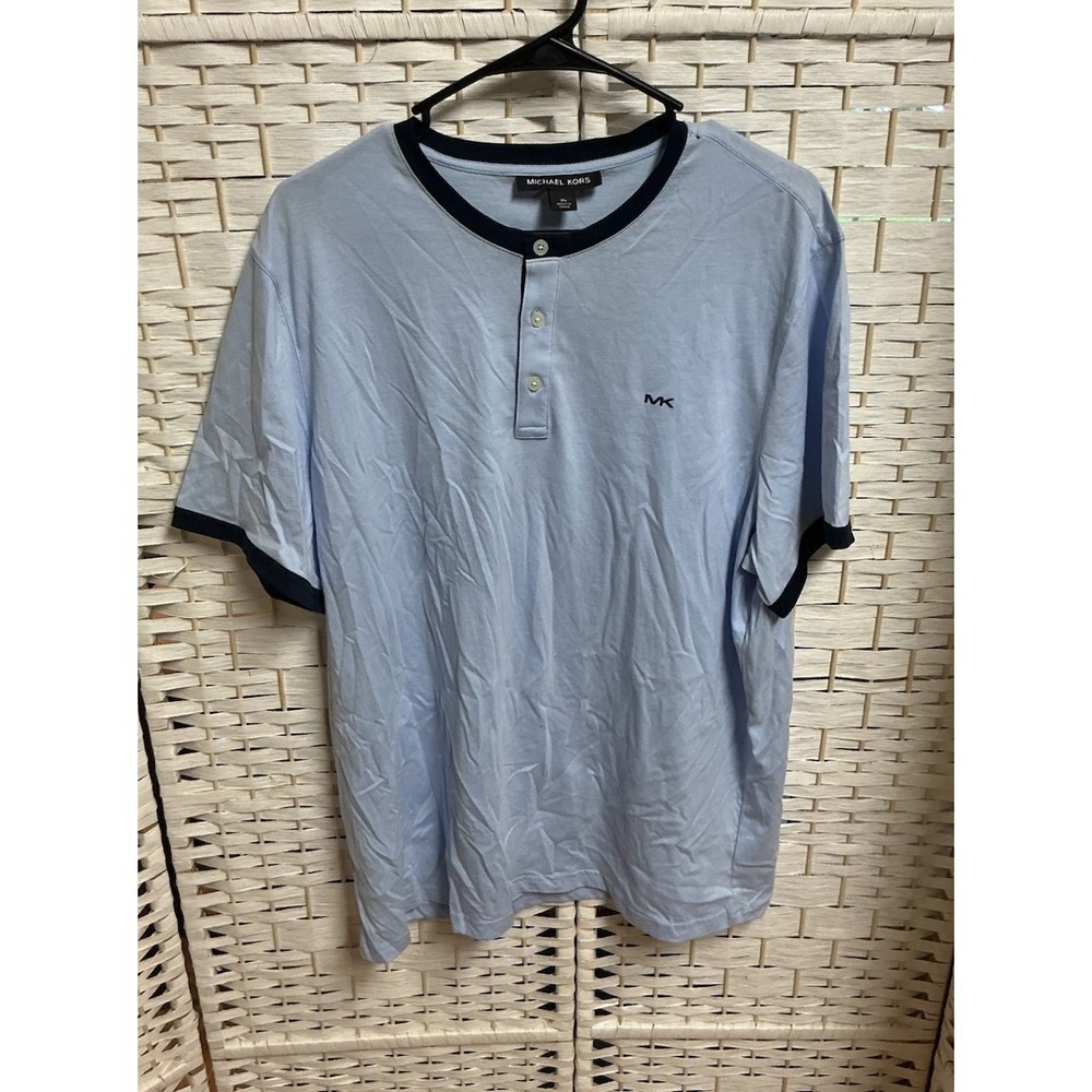 Michael Kors Men's Henley T-Shirt Blue w/Navy Trim Short Sleeve MK Logo NWT Read